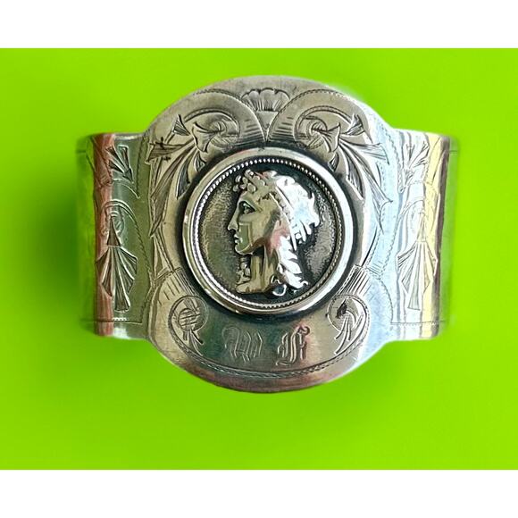 Vintage Renaissance Revival Engraved Silver Cuff Bracelet with Portrait - Picture 1 of 6